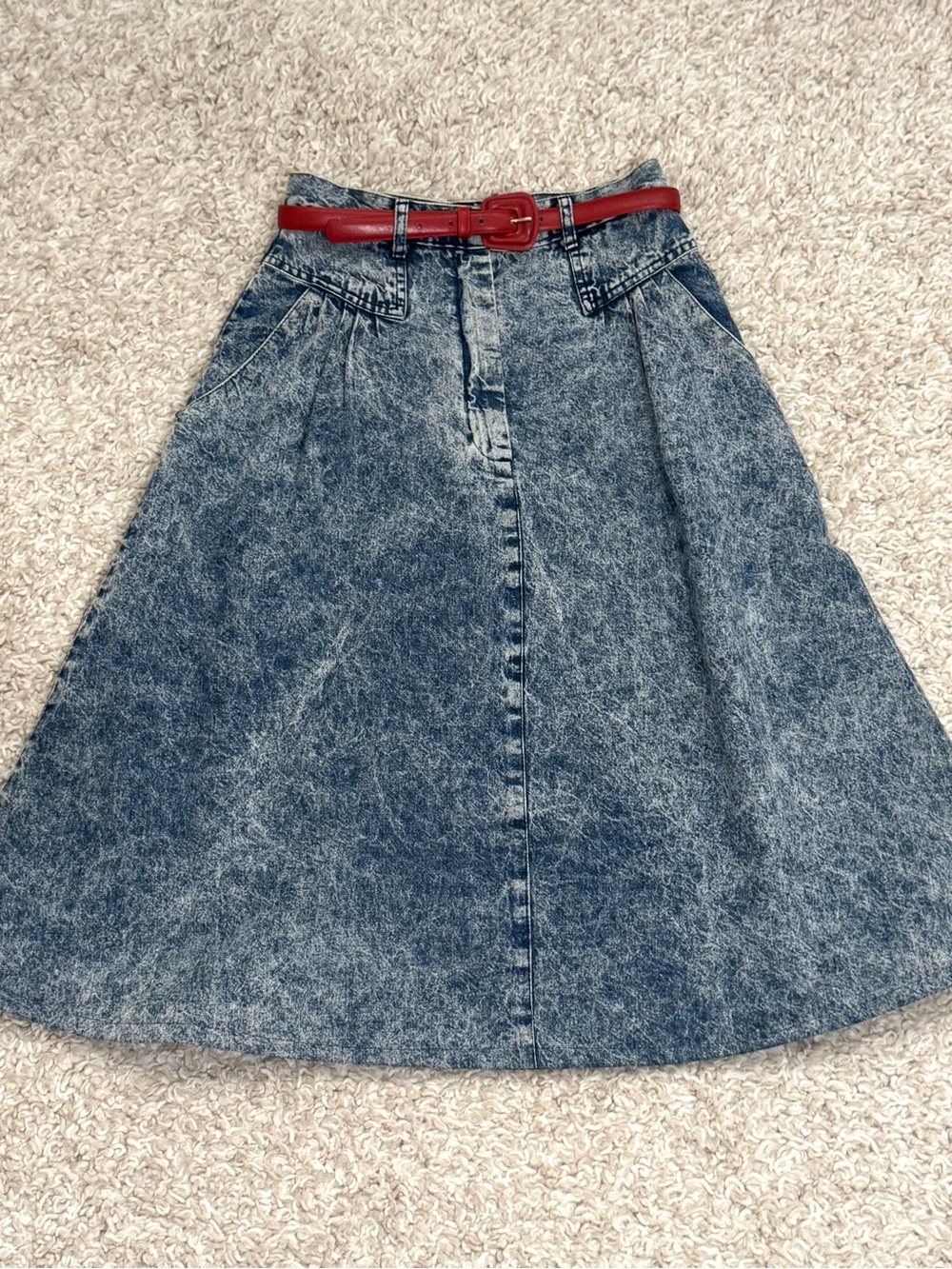 Vintage Acid Wash Denim Midi Skirt Size 8 Red Belt High Waist